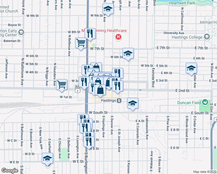 map of restaurants, bars, coffee shops, grocery stores, and more near 630 West 2nd Street in Hastings