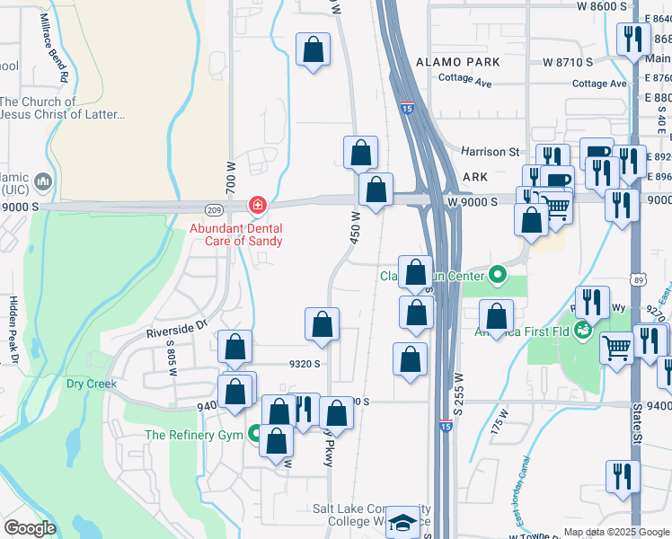 map of restaurants, bars, coffee shops, grocery stores, and more near Sandy Parkway in Sandy