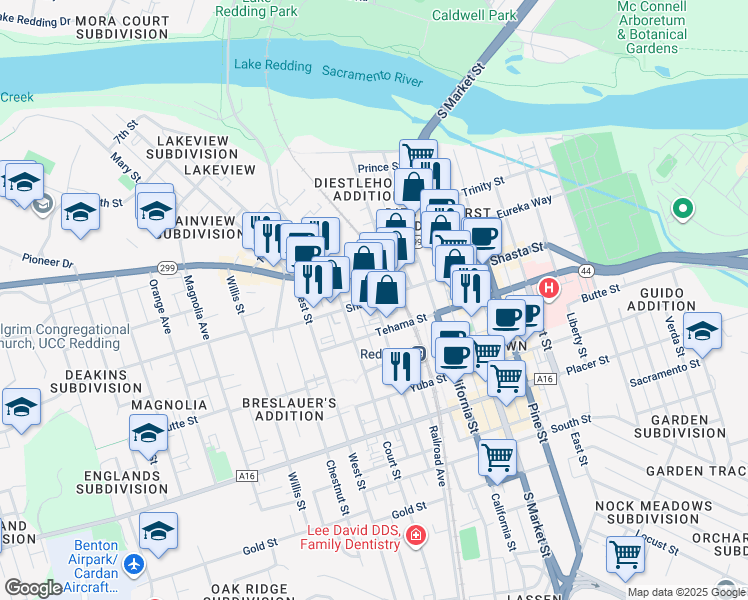 map of restaurants, bars, coffee shops, grocery stores, and more near 1700 Shasta Street in Redding