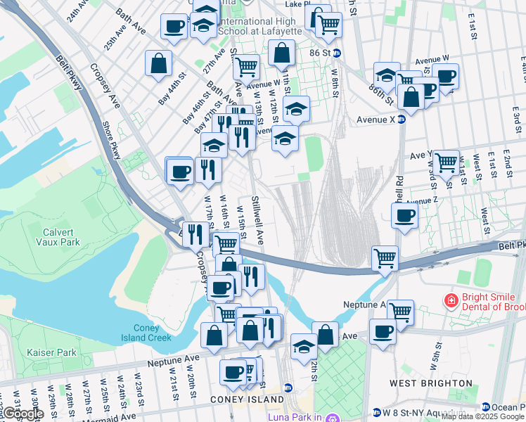 map of restaurants, bars, coffee shops, grocery stores, and more near 2559 Stillwell Avenue in Brooklyn