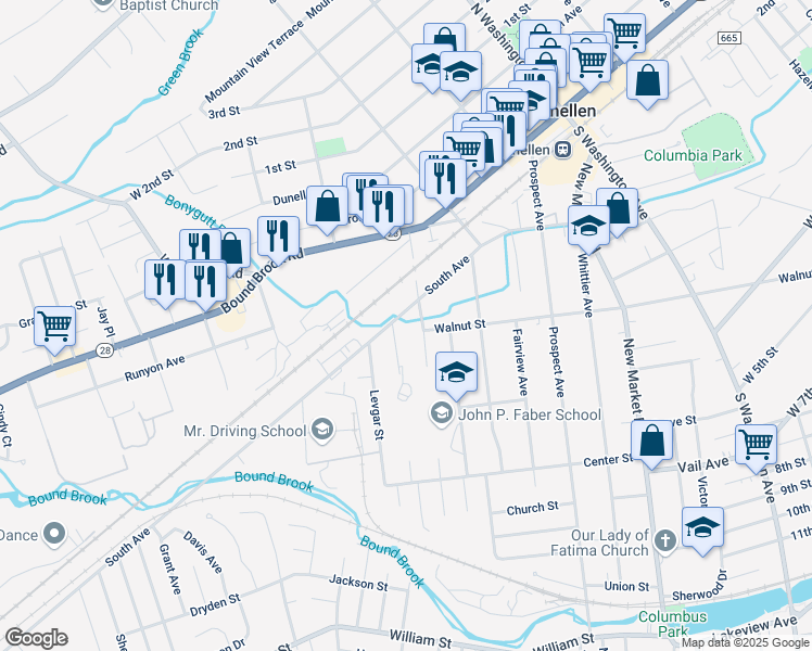 map of restaurants, bars, coffee shops, grocery stores, and more near 203 Hall Street in Dunellen