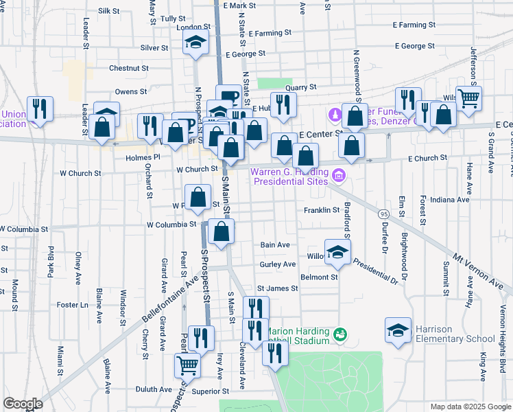map of restaurants, bars, coffee shops, grocery stores, and more near 258 South State Street in Marion