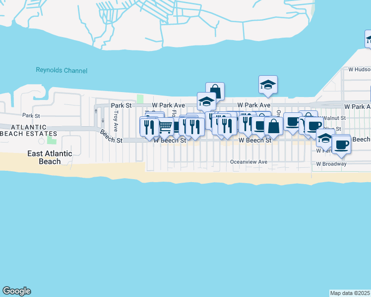 map of restaurants, bars, coffee shops, grocery stores, and more near 44 Georgia Avenue in Long Beach