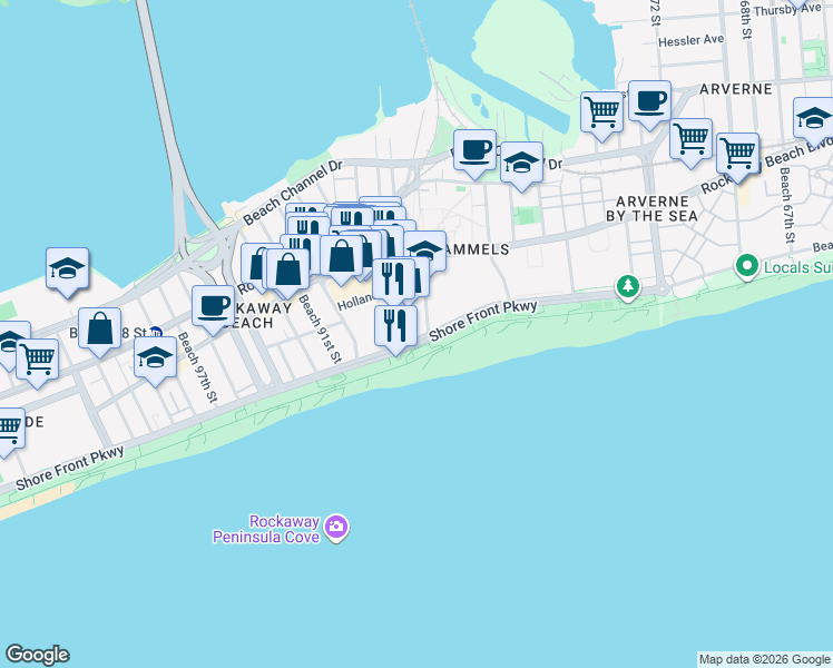 map of restaurants, bars, coffee shops, grocery stores, and more near 8400 Shore Front Parkway in Queens