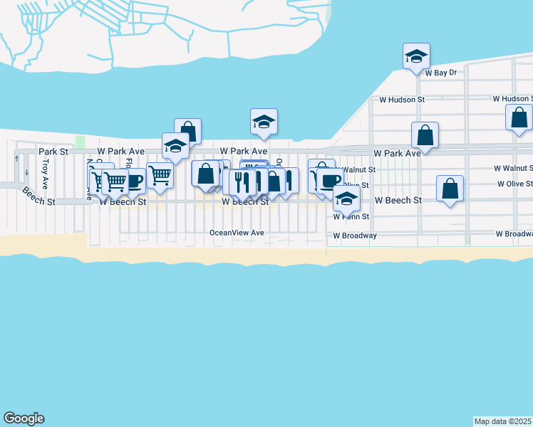 map of restaurants, bars, coffee shops, grocery stores, and more near 43 Delaware Avenue in Long Beach