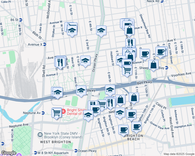 map of restaurants, bars, coffee shops, grocery stores, and more near 2601 Ocean Parkway in Brooklyn