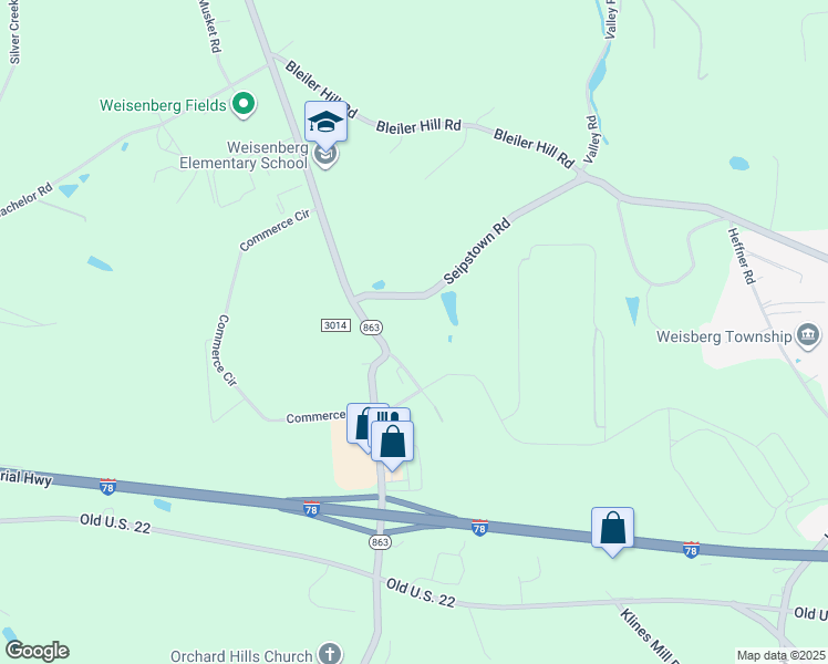 map of restaurants, bars, coffee shops, grocery stores, and more near 2411 Kistler Court in Kutztown