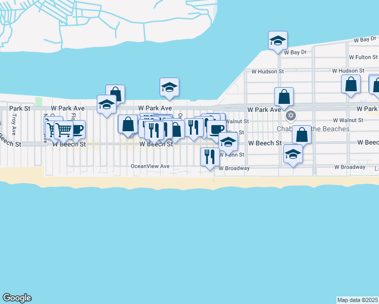 map of restaurants, bars, coffee shops, grocery stores, and more near 44 Arizona Avenue in Long Beach