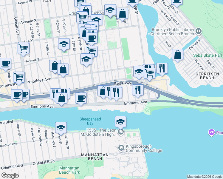 map of restaurants, bars, coffee shops, grocery stores, and more near 34 Stanton Road in Brooklyn