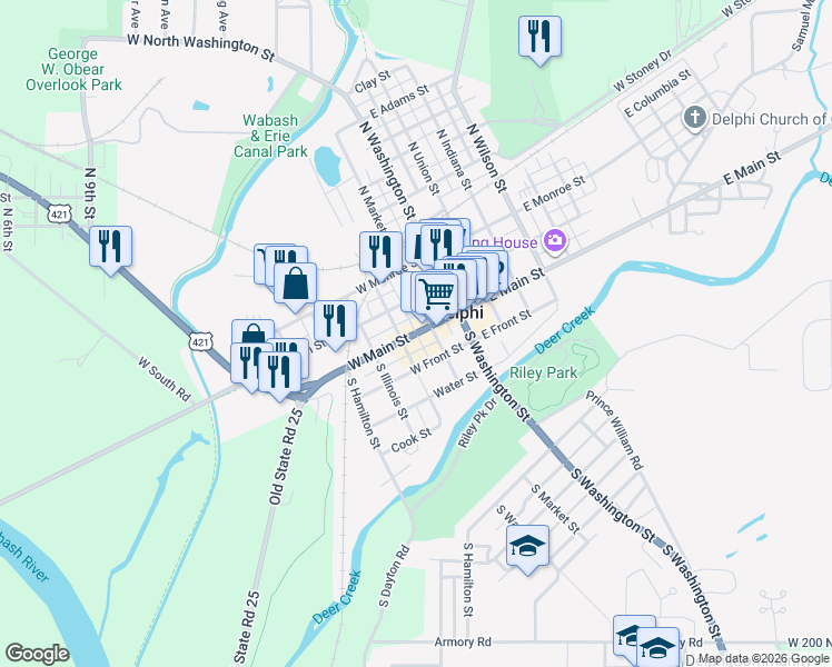 map of restaurants, bars, coffee shops, grocery stores, and more near 253 West Main Street in Delphi
