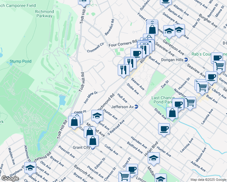 map of restaurants, bars, coffee shops, grocery stores, and more near 1847 Richmond Road in Staten Island