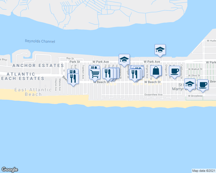 map of restaurants, bars, coffee shops, grocery stores, and more near 44 Georgia Avenue in Long Beach