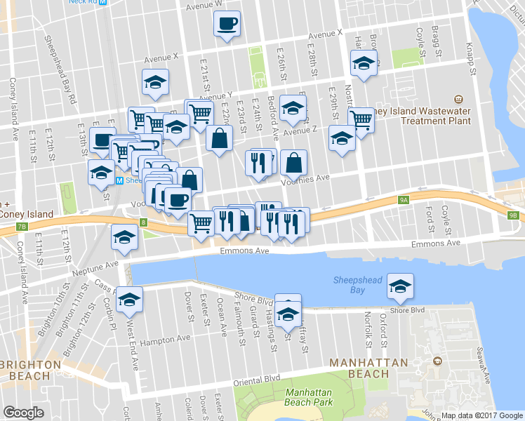 map of restaurants, bars, coffee shops, grocery stores, and more near 2750 East 23rd Street in Brooklyn