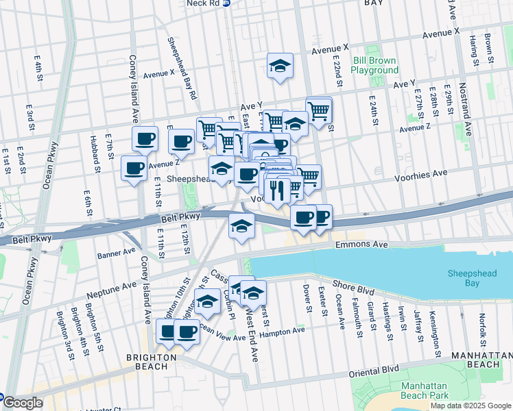 map of restaurants, bars, coffee shops, grocery stores, and more near 2700 East 16th Street in Brooklyn