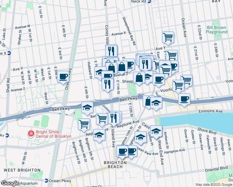 map of restaurants, bars, coffee shops, grocery stores, and more near 2681 East 11th Street in Brooklyn