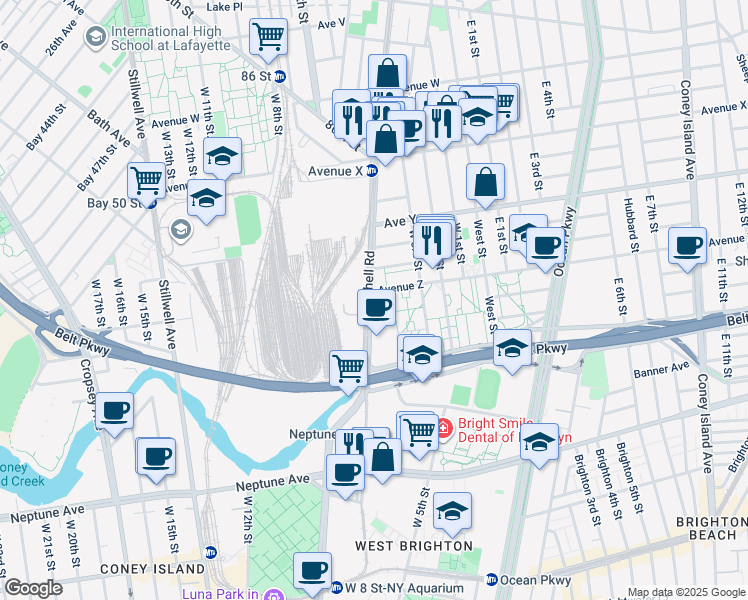 map of restaurants, bars, coffee shops, grocery stores, and more near 2729 Shell Road in Brooklyn