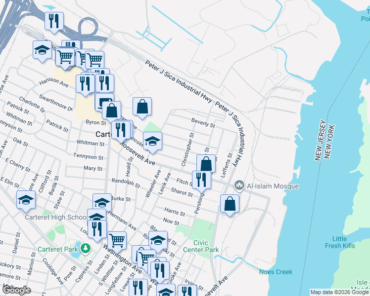 map of restaurants, bars, coffee shops, grocery stores, and more near 18 Grant Avenue in Carteret