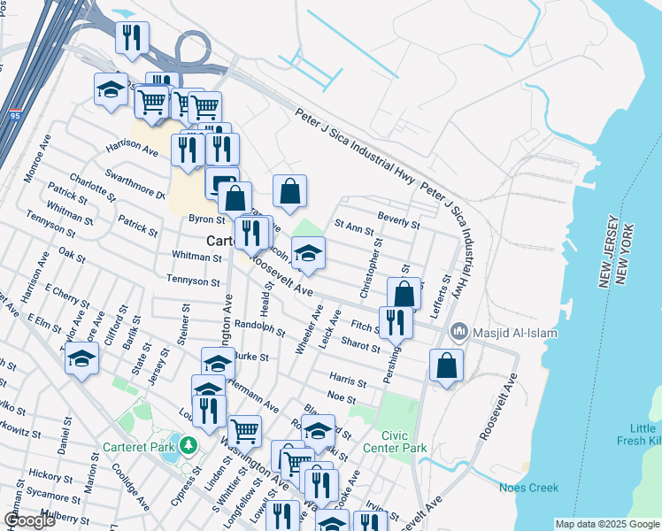 map of restaurants, bars, coffee shops, grocery stores, and more near 51 Grant Avenue in Carteret