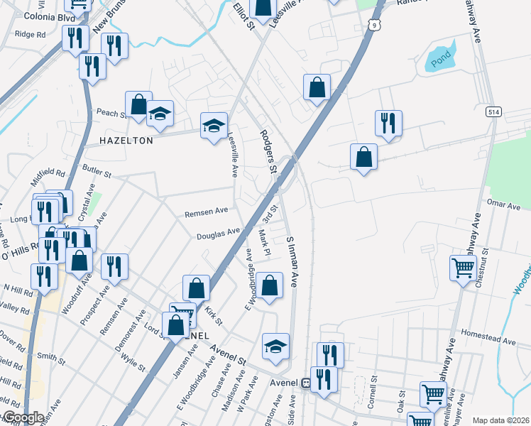map of restaurants, bars, coffee shops, grocery stores, and more near 16 U.S. 9 in Woodbridge Township