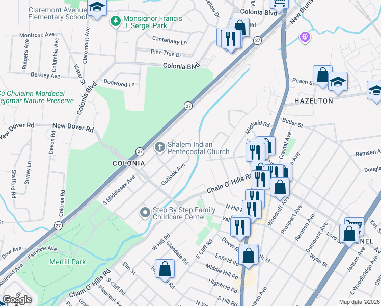 map of restaurants, bars, coffee shops, grocery stores, and more near 181 North Hill Road in Woodbridge Township