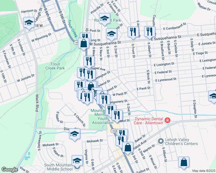 map of restaurants, bars, coffee shops, grocery stores, and more near 1606 South Race Street in Allentown