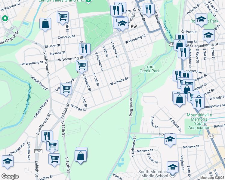 map of restaurants, bars, coffee shops, grocery stores, and more near 1322 South 9th Street in Allentown