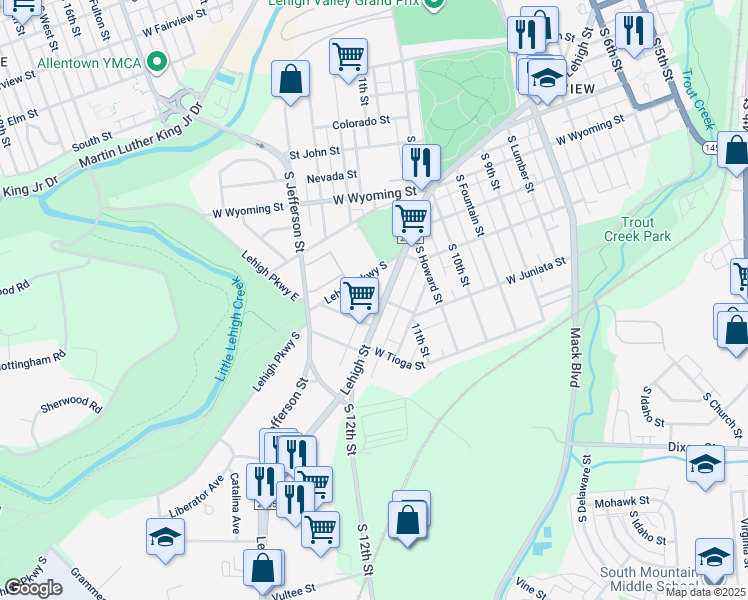 map of restaurants, bars, coffee shops, grocery stores, and more near in Allentown