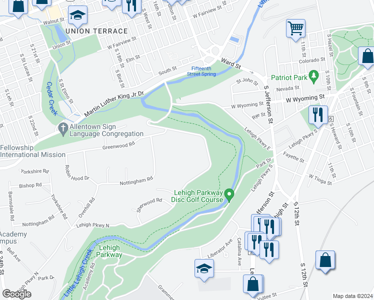 map of restaurants, bars, coffee shops, grocery stores, and more near 1625 Lehigh Parkway North in Allentown