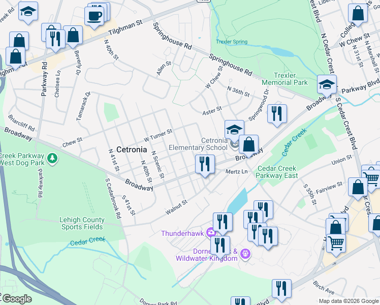 map of restaurants, bars, coffee shops, grocery stores, and more near 31 North 38th Street in Allentown