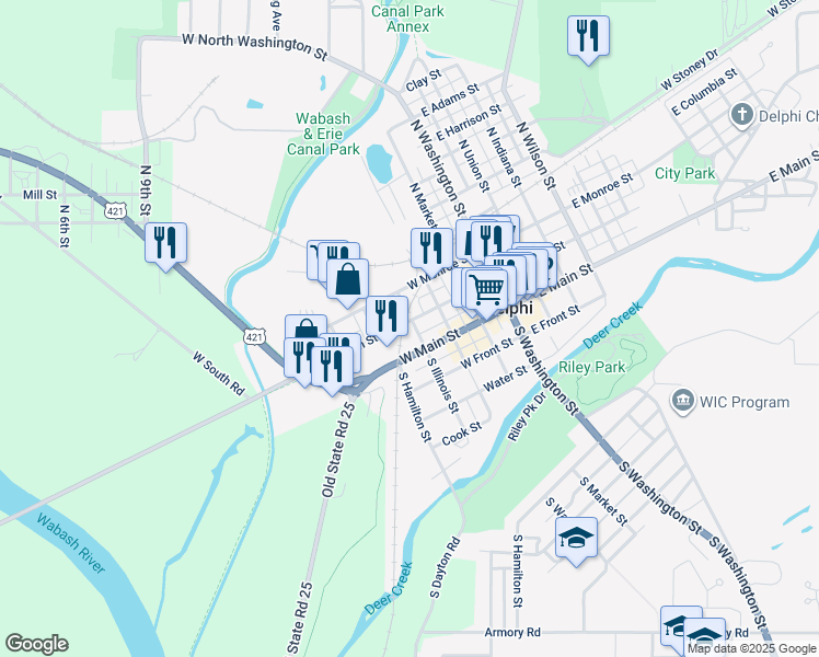 map of restaurants, bars, coffee shops, grocery stores, and more near 111 South Illinois Street in Delphi