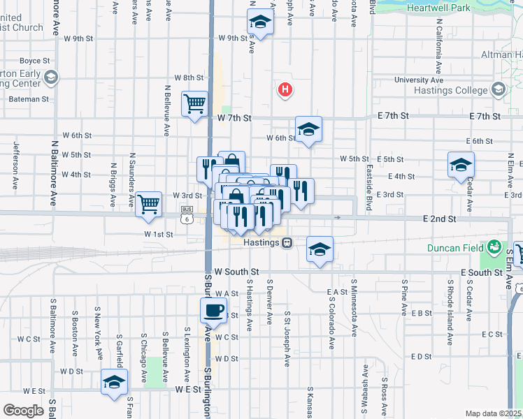 map of restaurants, bars, coffee shops, grocery stores, and more near in Hastings