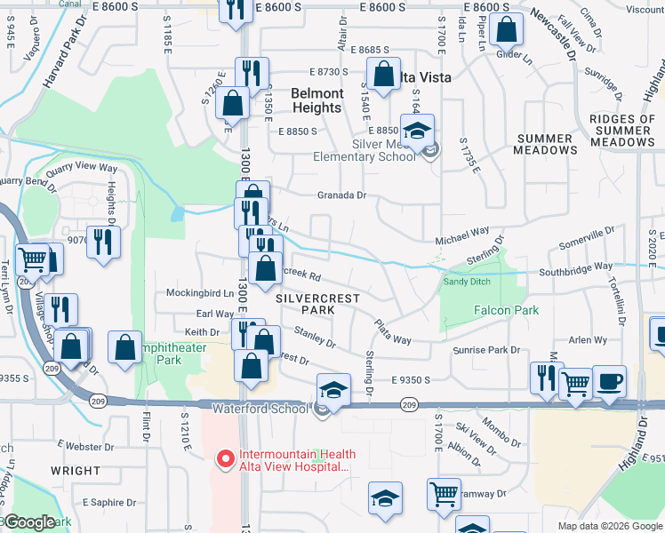 map of restaurants, bars, coffee shops, grocery stores, and more near 1482 East 9090 South in Sandy