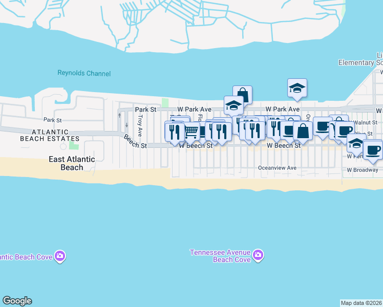 map of restaurants, bars, coffee shops, grocery stores, and more near 45 Connecticut Avenue in Long Beach