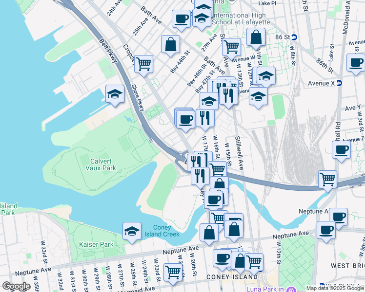map of restaurants, bars, coffee shops, grocery stores, and more near 2821-2825 Cropsey Avenue in Brooklyn