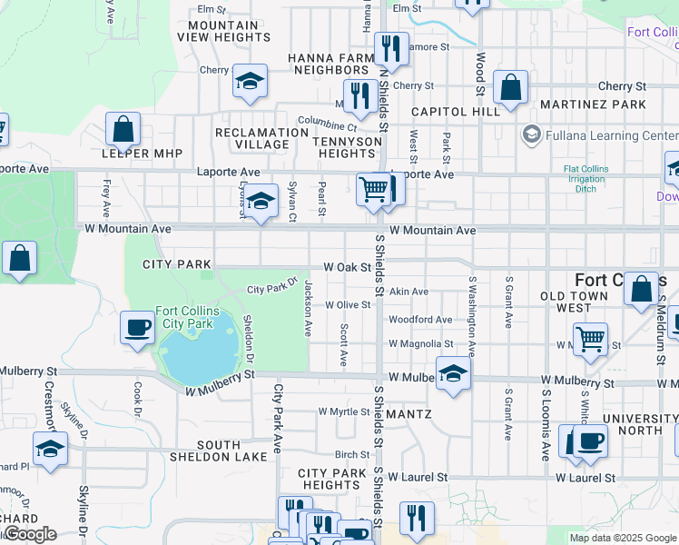 map of restaurants, bars, coffee shops, grocery stores, and more near 1203 West Oak Street in Fort Collins