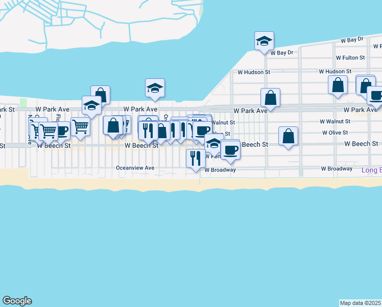 map of restaurants, bars, coffee shops, grocery stores, and more near 43 California Street in Long Beach