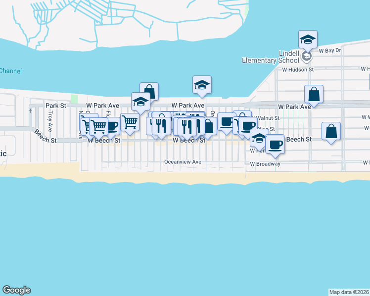 map of restaurants, bars, coffee shops, grocery stores, and more near 43 Wisconsin Street in Long Beach