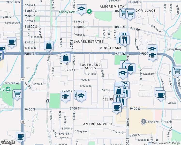 map of restaurants, bars, coffee shops, grocery stores, and more near 431 East 9150 South in Sandy