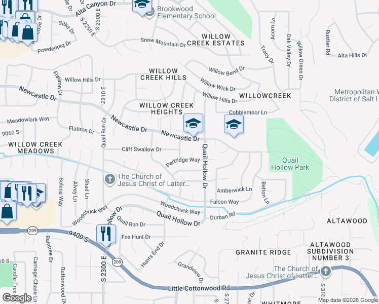 map of restaurants, bars, coffee shops, grocery stores, and more near 9106 South Mallard Circle in Sandy