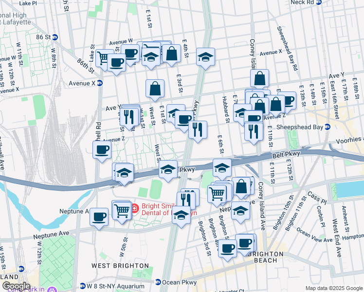 map of restaurants, bars, coffee shops, grocery stores, and more near 2641 Ocean Parkway in Brooklyn