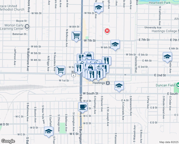 map of restaurants, bars, coffee shops, grocery stores, and more near 742 West 2nd Street in Hastings