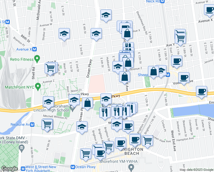 map of restaurants, bars, coffee shops, grocery stores, and more near 2659 East 6th Street in Brooklyn