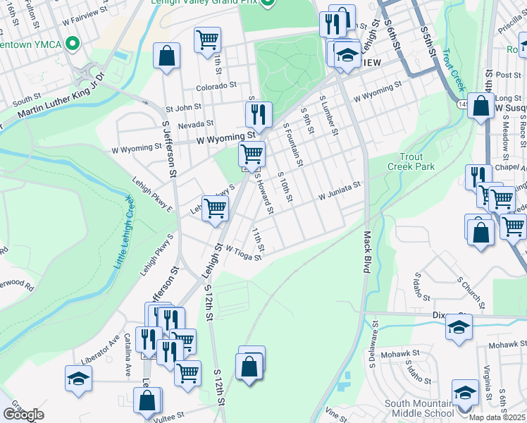 map of restaurants, bars, coffee shops, grocery stores, and more near 1127-1151 Keck Street in Allentown