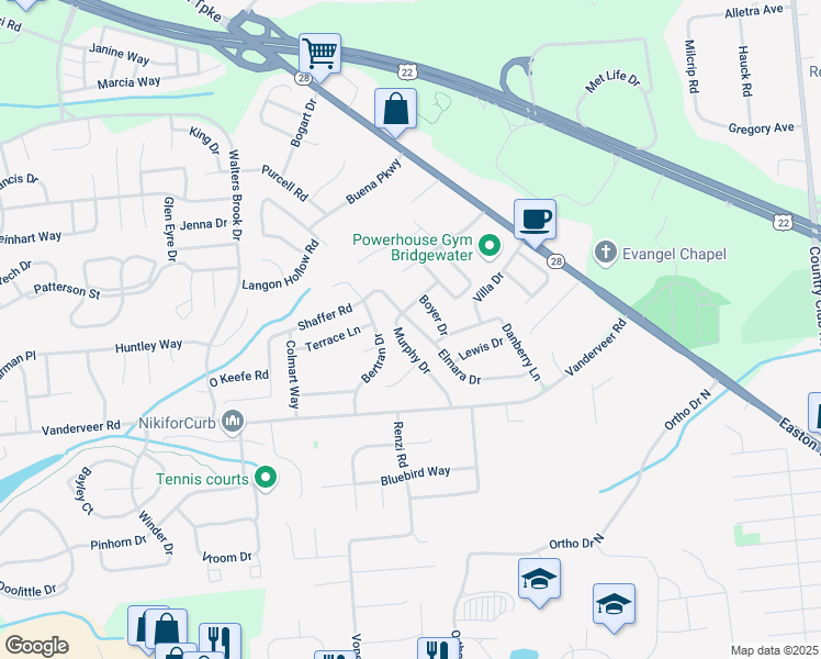 map of restaurants, bars, coffee shops, grocery stores, and more near 55 Elmara Dr in Bridgewater