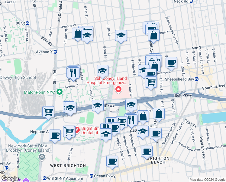map of restaurants, bars, coffee shops, grocery stores, and more near 2641 Ocean Parkway in Brooklyn