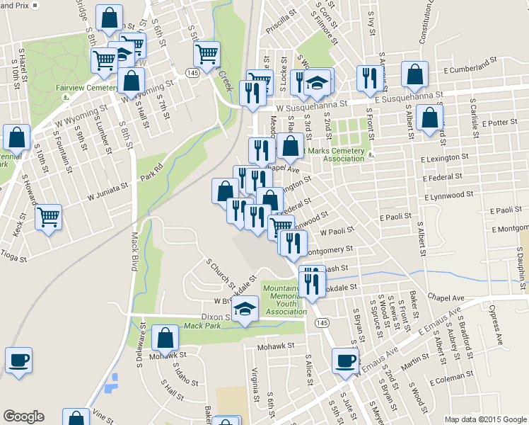 map of restaurants, bars, coffee shops, grocery stores, and more near 1517 South 4th Street in Allentown
