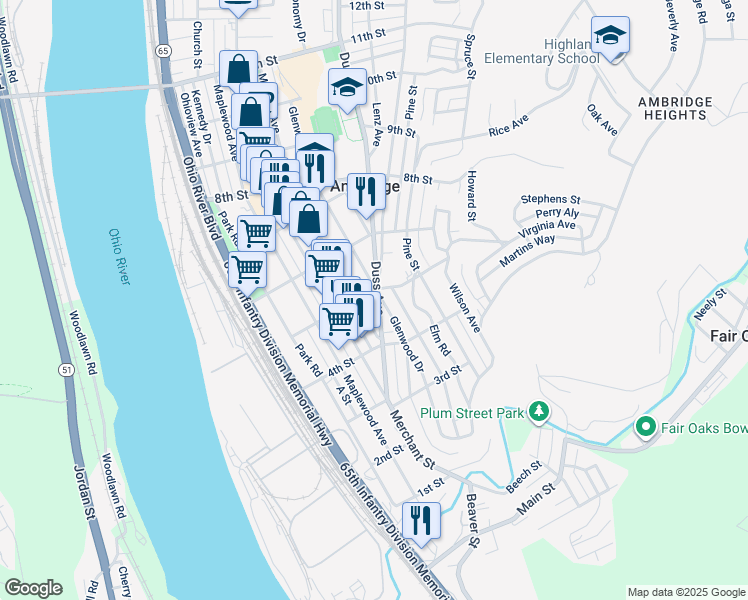 map of restaurants, bars, coffee shops, grocery stores, and more near 451 Duss Avenue in Ambridge