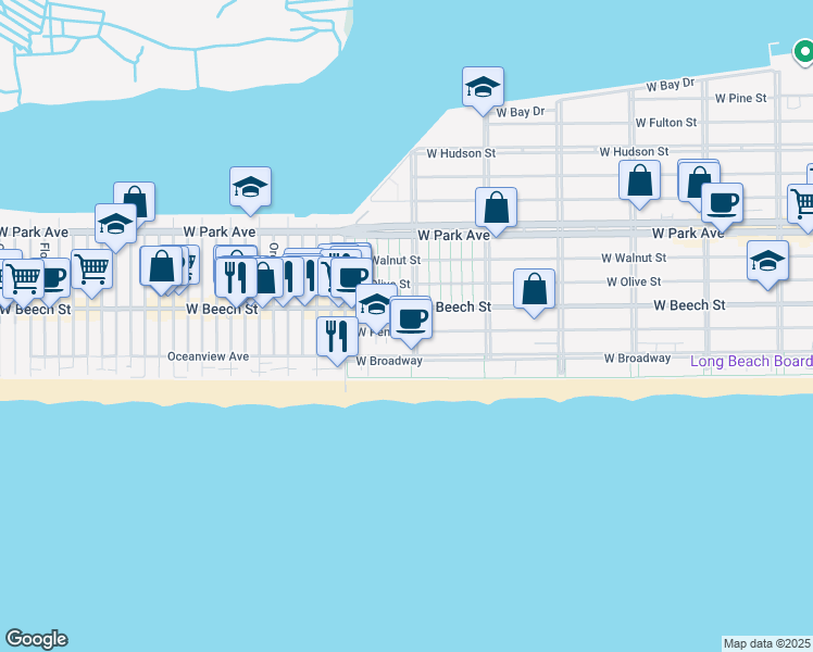 map of restaurants, bars, coffee shops, grocery stores, and more near 157 Grand Boulevard in Long Beach