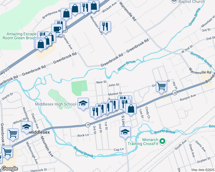 map of restaurants, bars, coffee shops, grocery stores, and more near 427 High Street in Middlesex