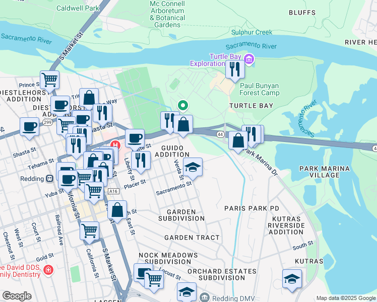 map of restaurants, bars, coffee shops, grocery stores, and more near 1625 Sequoia Street in Redding